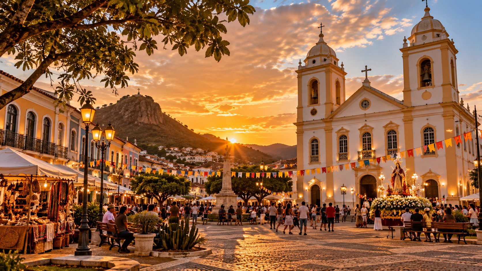 Ilustração editorial da celebração de Sant'Ana em Caicó, com igreja, bandeirolas e participantes reunidos na praça.