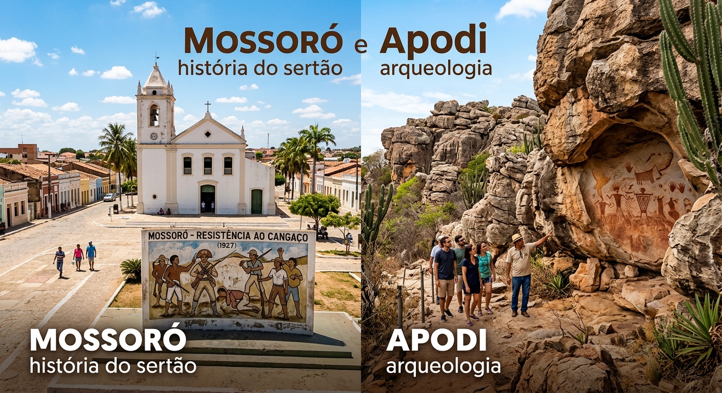Imagem editorial de capa do roteiro por Mossoró e Apodi, dedicado à história do sertão e ao patrimônio arqueológico potiguar.