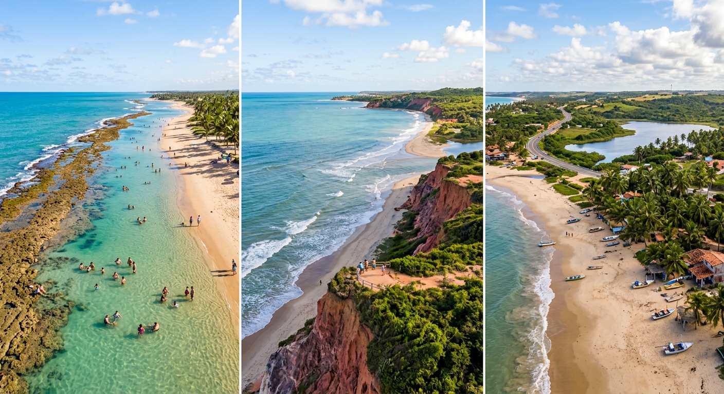 Imagem editorial de capa do roteiro de praias de Pirangi, Camurupim e Nísia Floresta, no litoral sul do Rio Grande do Norte.