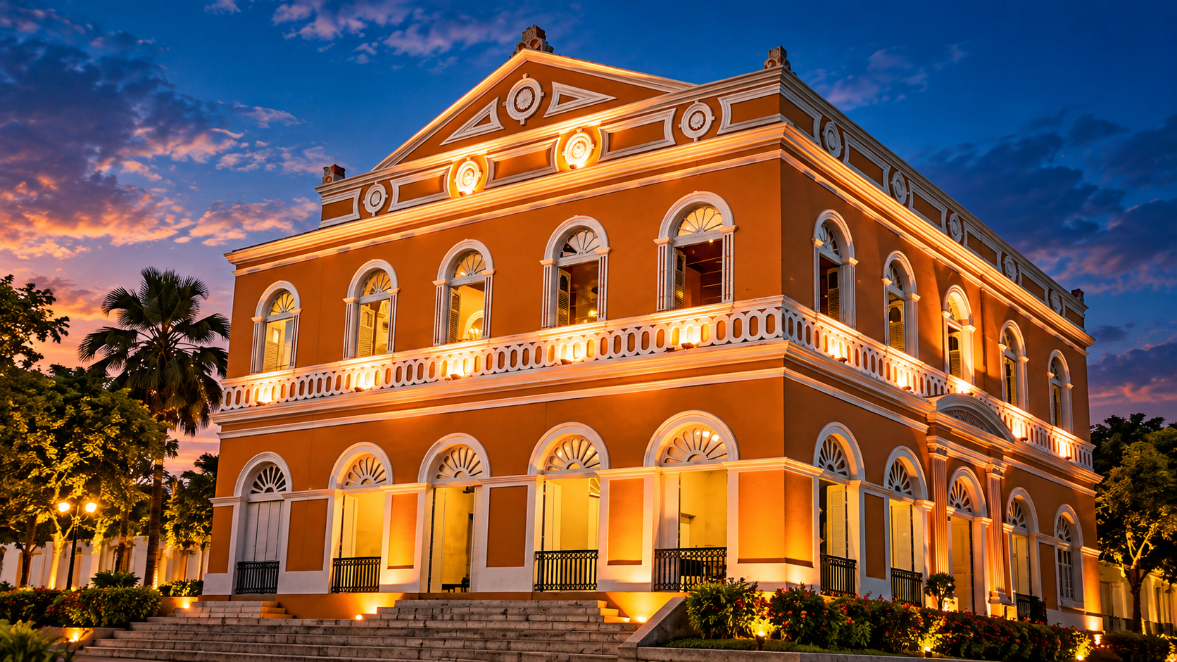 Edifício histórico de Ceará-Mirim, no Rio Grande do Norte, com fachada alaranjada, janelas arqueadas e iluminação noturna.