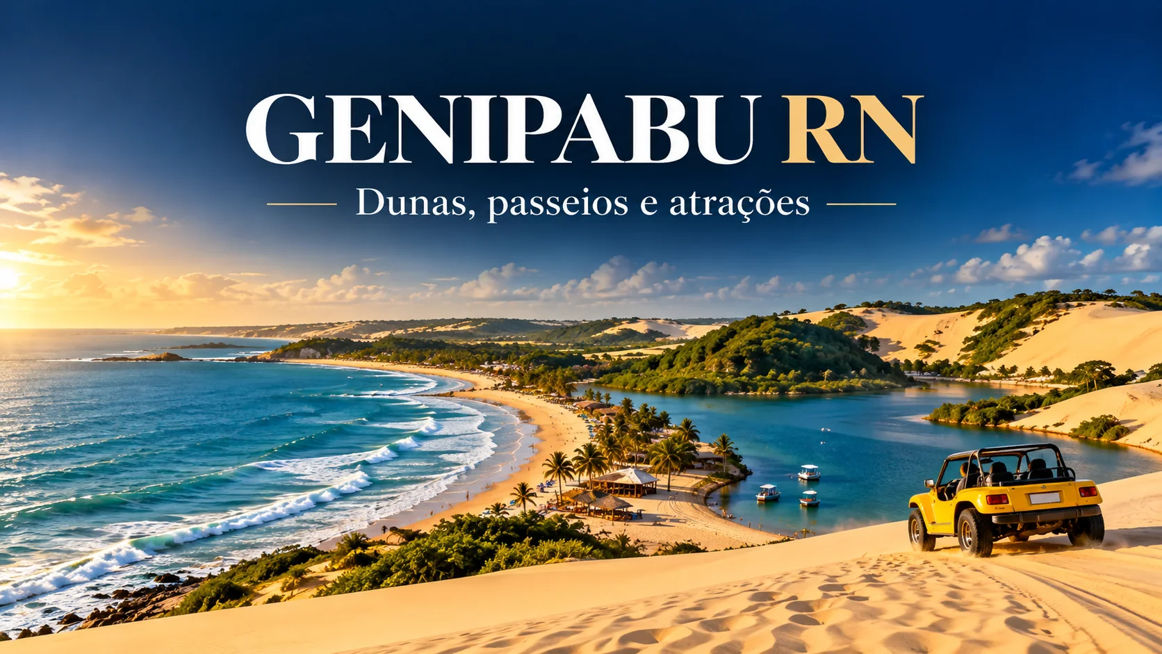 Capa ilustrativa de Genipabu RN, com dunas, buggy e paisagem costeira
