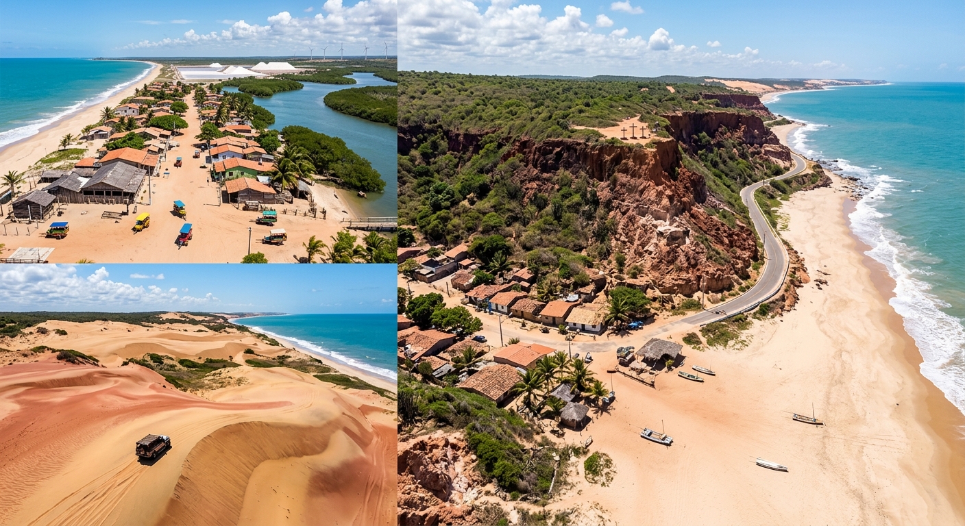 Montagem paisagística do roteiro Costa Branca, com dunas de areia, praias e povoado costeiro do Rio Grande do Norte.