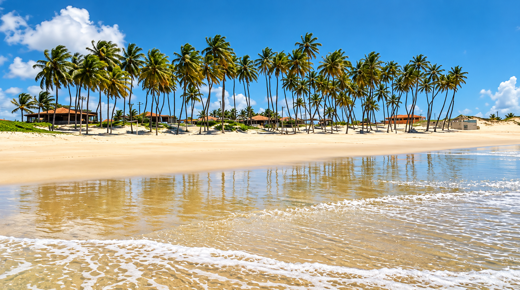 Praia de Rio do Fogo, no litoral norte do Rio Grande do Norte, com extensa faixa de areia, coqueirais e águas rasas refletindo o céu azul.